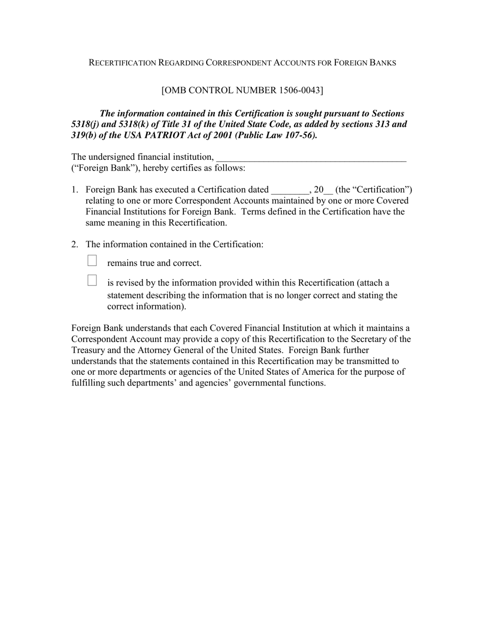 Recertification Regarding Correspondent Accounts for Foreign Banks, Page 1