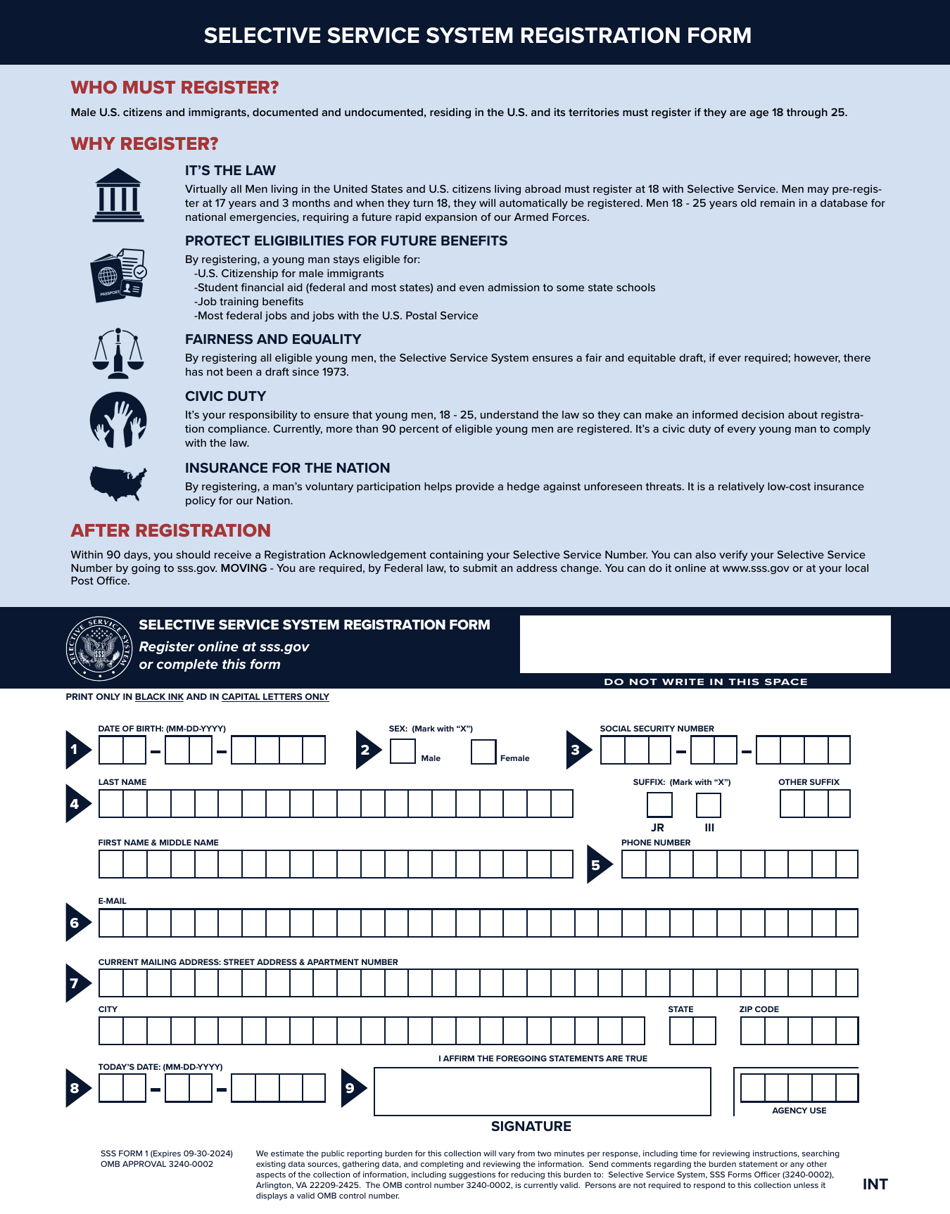 SSS Form 1 Selective Service System Registration Form, Page 2
