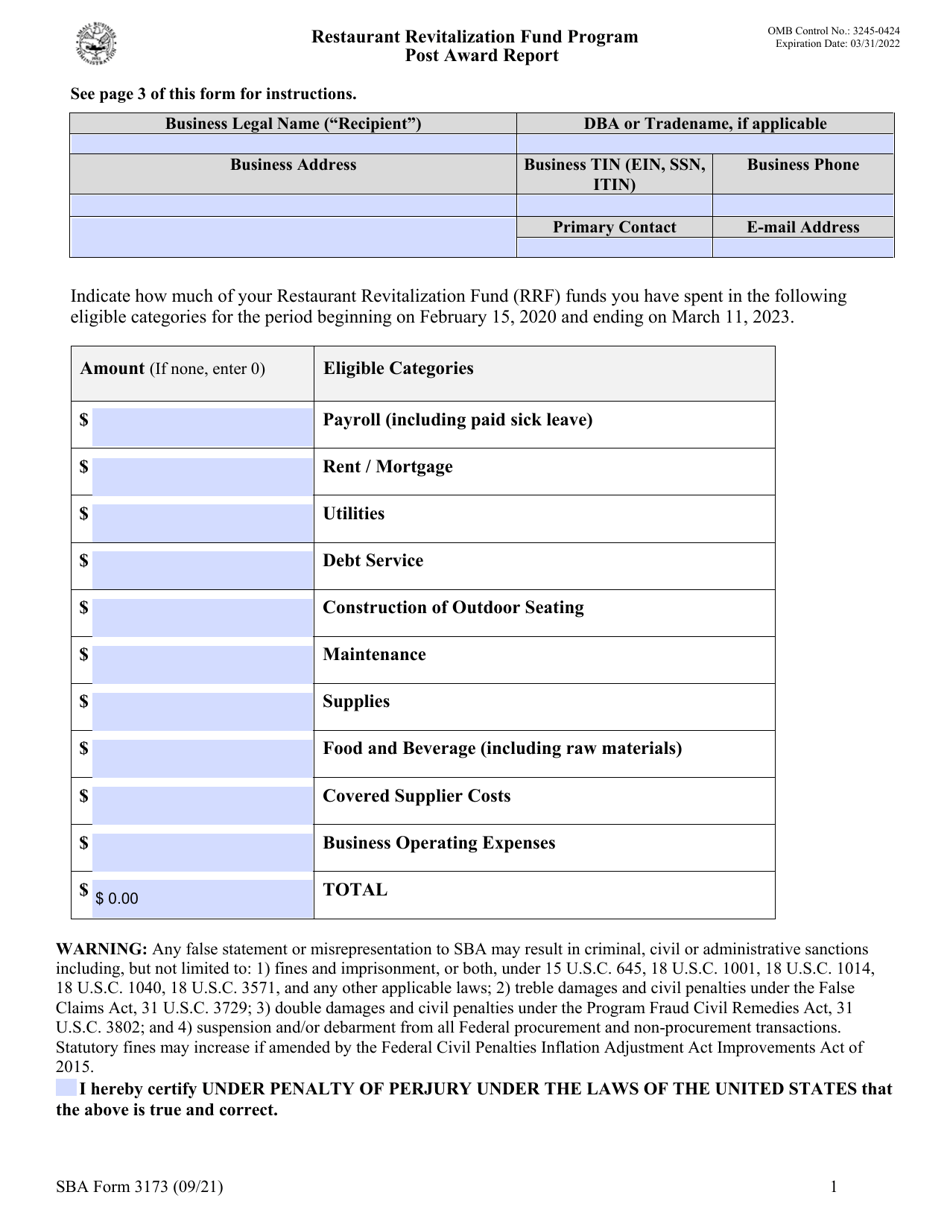 SBA Form 3173 Post Award Report - Restaurant Revitalization Fund Program, Page 1