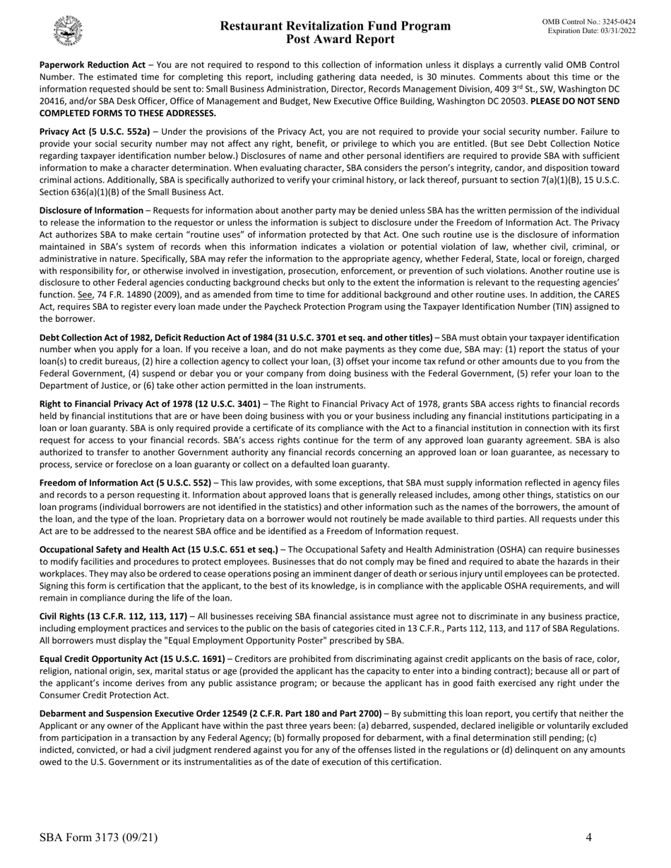 SBA Form 3173 Post Award Report - Restaurant Revitalization Fund Program, Page 4
