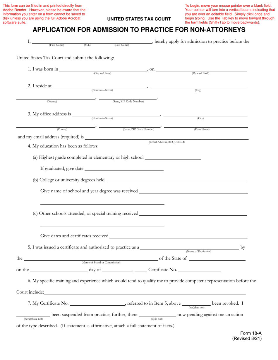 Form 18-A Application for Admission to Practice for Non-attorneys, Page 1