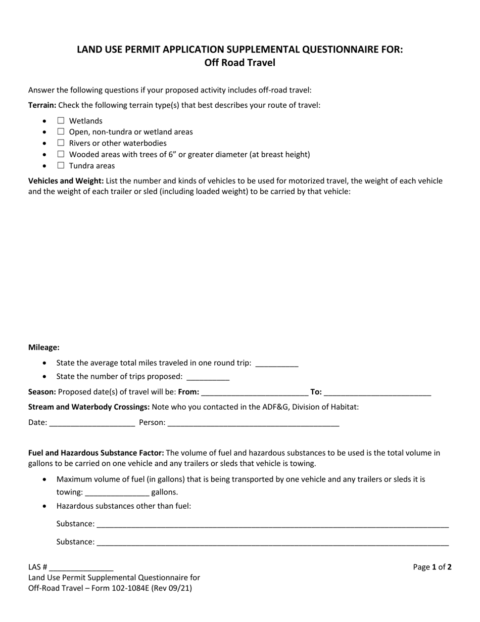 Form 102-1084E Land Use Permit Application Supplemental Questionnaire for off Road Travel - Alaska, Page 1