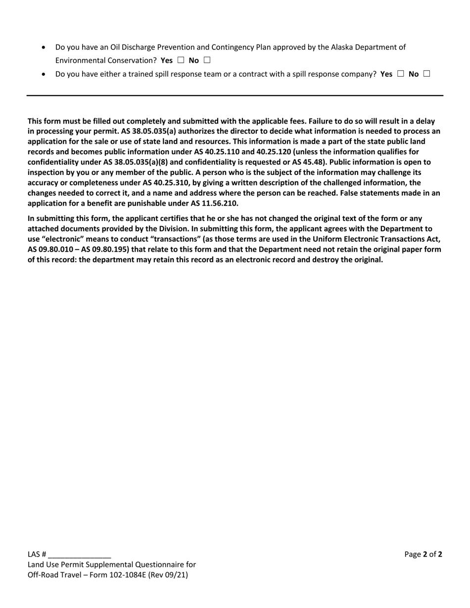 Form 102-1084E Land Use Permit Application Supplemental Questionnaire for off Road Travel - Alaska, Page 2