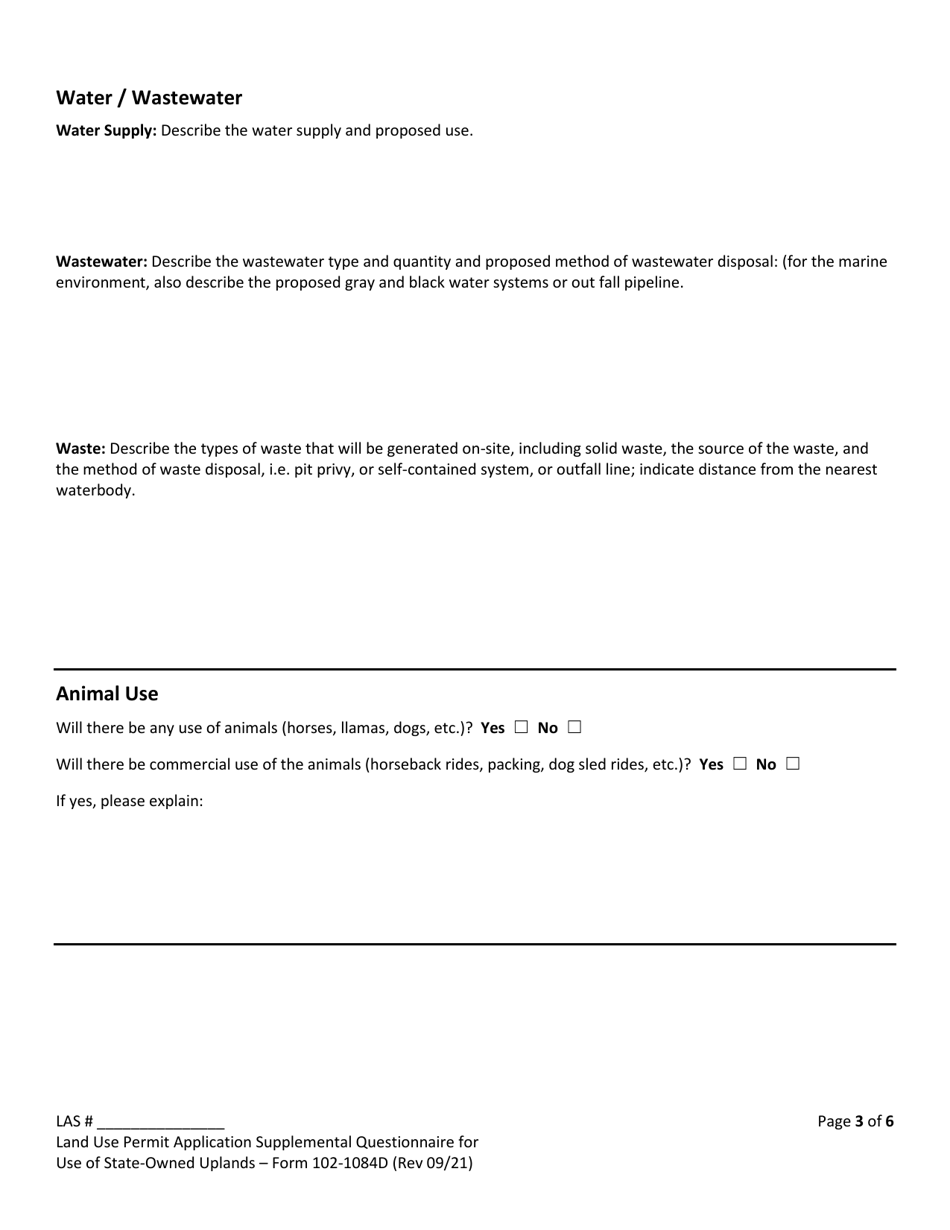 Form 102-1084D Land Use Permit Application Supplemental Questionnaire for Use of State-Owned Uplands - Alaska, Page 3