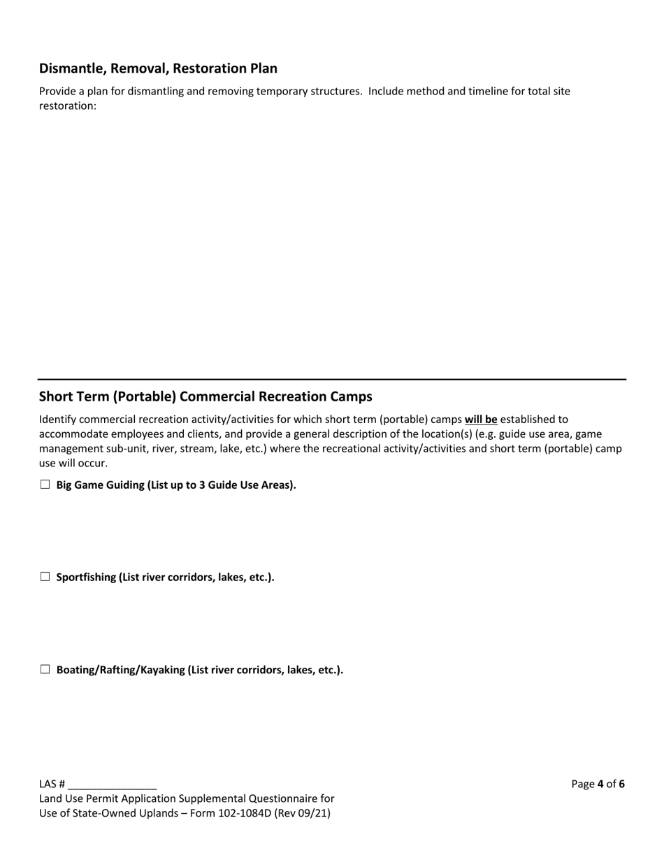 Form 102-1084D Land Use Permit Application Supplemental Questionnaire for Use of State-Owned Uplands - Alaska, Page 4