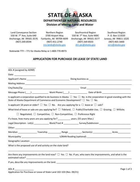 Form 102-103 Application for Purchase or Lease of State Land - Alaska