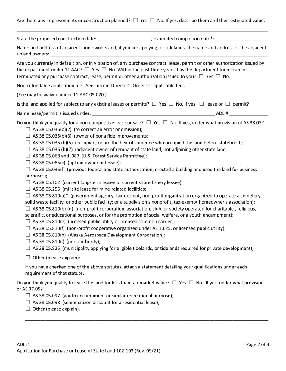 Form 102-103 Application for Purchase or Lease of State Land - Alaska, Page 2