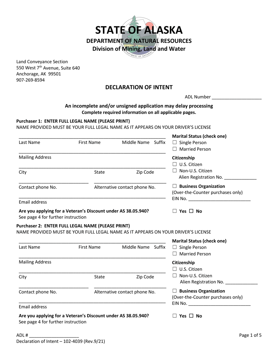 Form 102-4039 Declaration of Intent - Alaska, Page 1