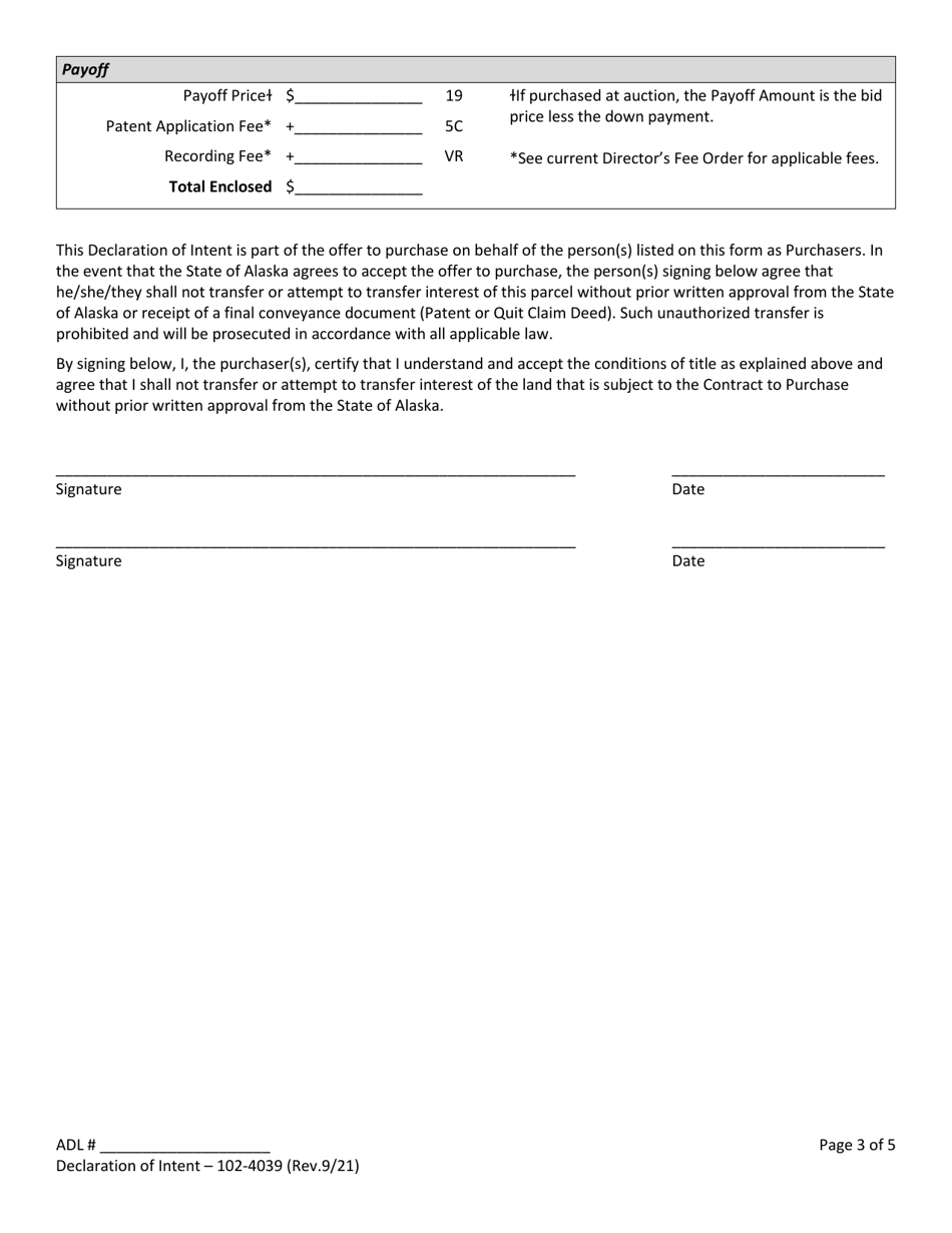 Form 102-4039 Declaration of Intent - Alaska, Page 3