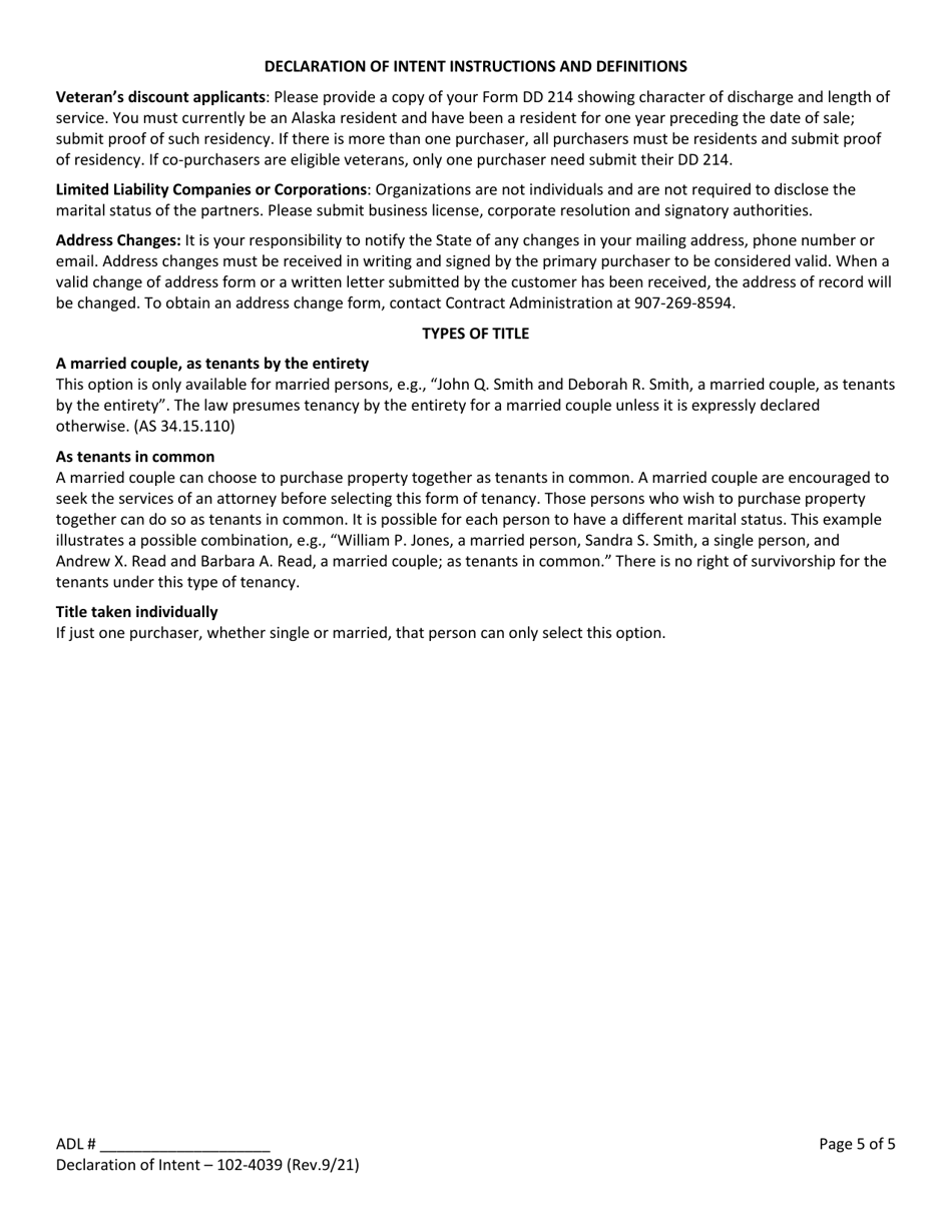 Form 102-4039 Declaration of Intent - Alaska, Page 5