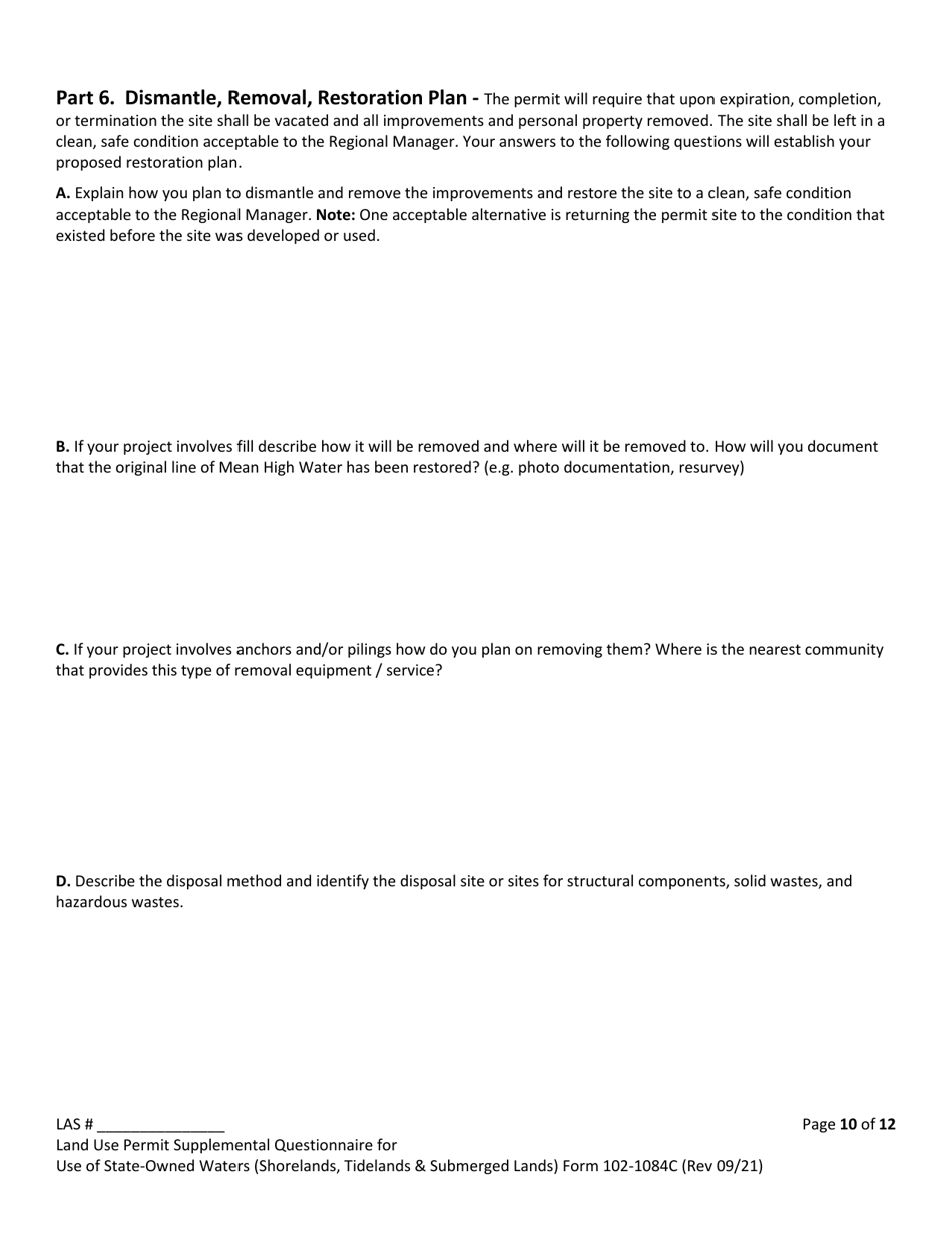 Form 102-1084C Land Use Permit Application Supplemental Questionnaire for Use of State-Owned Waters (Shorelands, Tidelands  Submerged Lands) - Alaska, Page 10