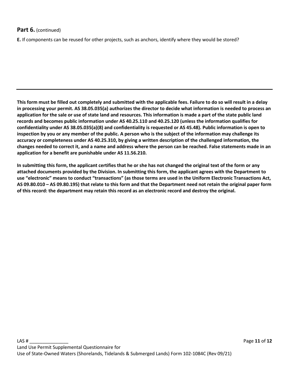 Form 102-1084C Land Use Permit Application Supplemental Questionnaire for Use of State-Owned Waters (Shorelands, Tidelands  Submerged Lands) - Alaska, Page 11