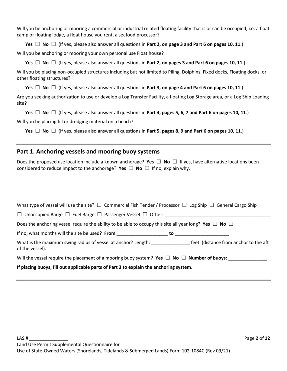 Form 102-1084C Land Use Permit Application Supplemental Questionnaire for Use of State-Owned Waters (Shorelands, Tidelands  Submerged Lands) - Alaska, Page 2