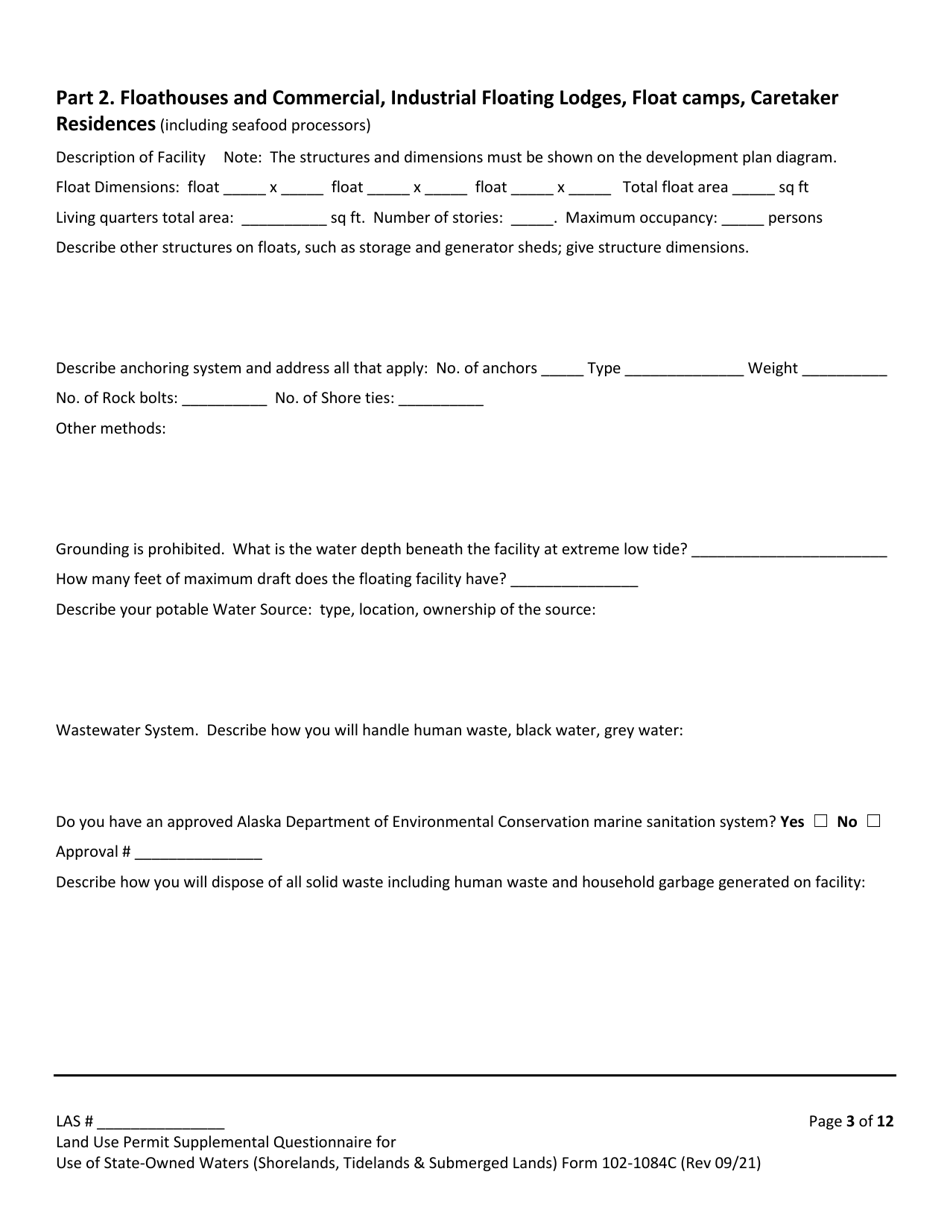 Form 102-1084C Land Use Permit Application Supplemental Questionnaire for Use of State-Owned Waters (Shorelands, Tidelands  Submerged Lands) - Alaska, Page 3