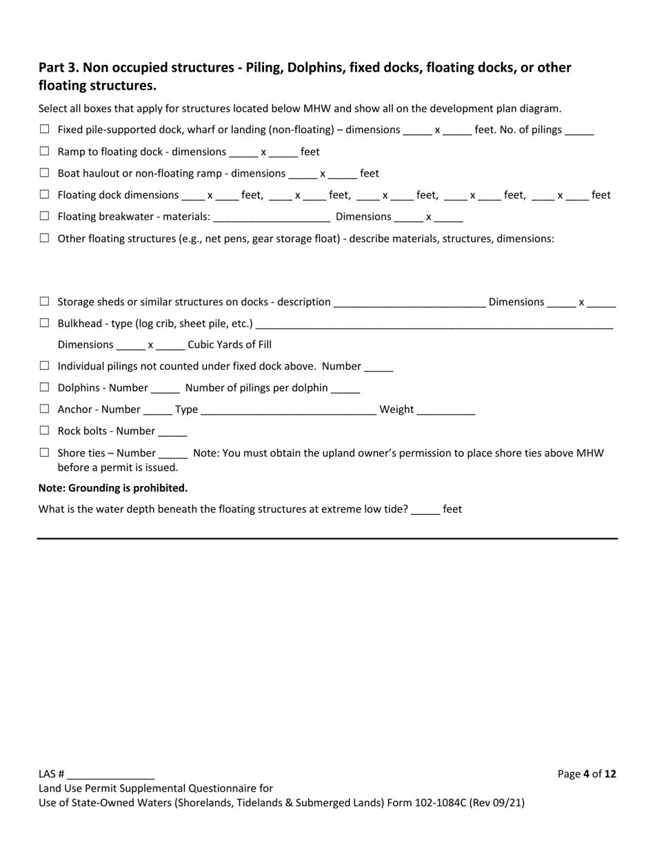Form 102-1084C Land Use Permit Application Supplemental Questionnaire for Use of State-Owned Waters (Shorelands, Tidelands  Submerged Lands) - Alaska, Page 4