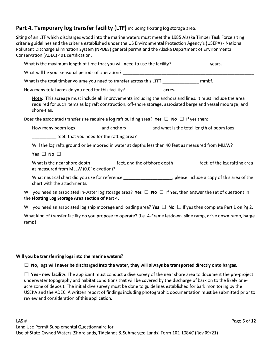 Form 102-1084C Land Use Permit Application Supplemental Questionnaire for Use of State-Owned Waters (Shorelands, Tidelands  Submerged Lands) - Alaska, Page 5