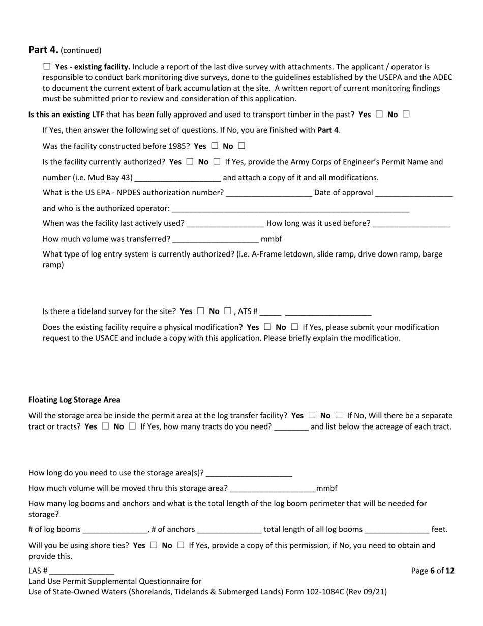 Form 102-1084C Land Use Permit Application Supplemental Questionnaire for Use of State-Owned Waters (Shorelands, Tidelands  Submerged Lands) - Alaska, Page 6