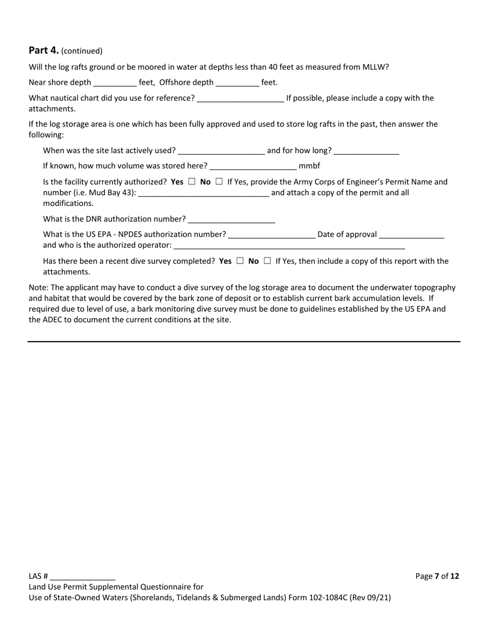 Form 102-1084C Land Use Permit Application Supplemental Questionnaire for Use of State-Owned Waters (Shorelands, Tidelands  Submerged Lands) - Alaska, Page 7