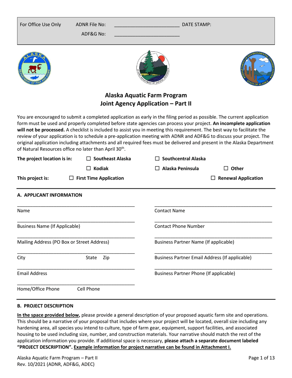 Part II Joint Agency Application - Alaska Aquatic Farm Program - Alaska, Page 1
