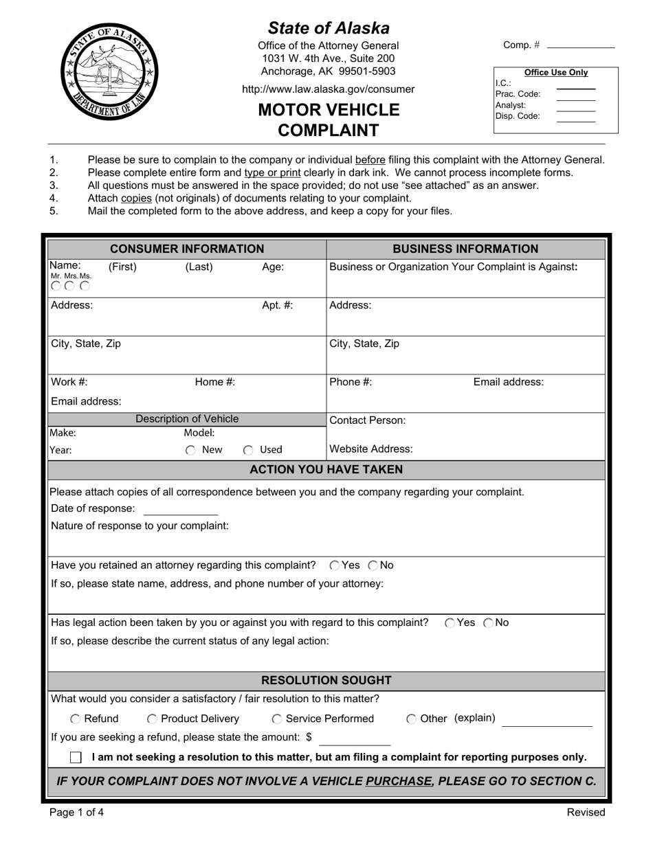 Alaska Motor Vehicle Complaint Fill Out, Sign Online and Download PDF