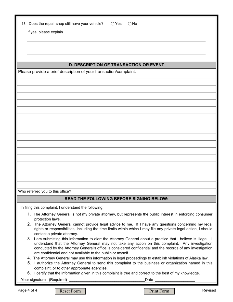 Alaska Motor Vehicle Complaint Fill Out, Sign Online and Download PDF