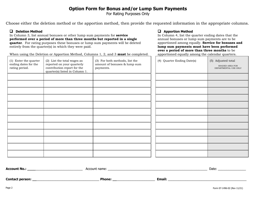 Form 07-1496-02 Option Form for Bonus and/or Lump Sum Payments - Alaska