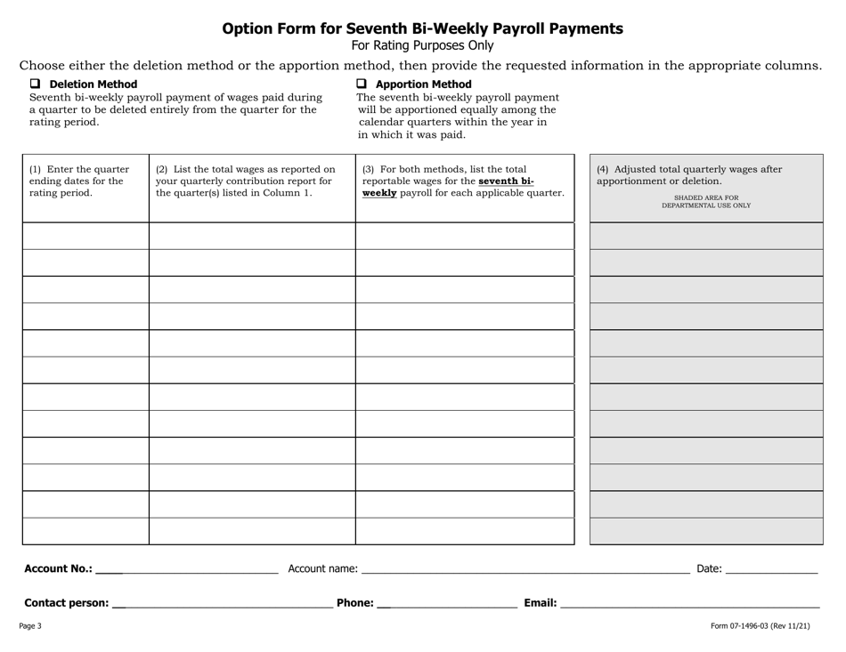 Form 07-1496-03 Option Form for Seventh BI-Weekly Payroll Payments - Alaska, Page 1