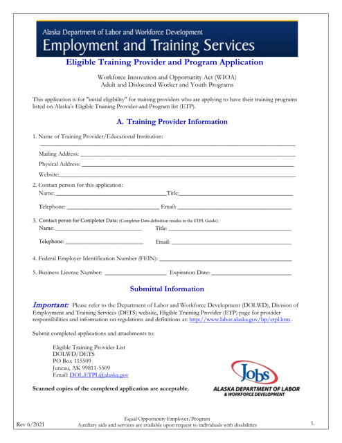 Eligible Training Provider and Program Application - Alaska Download Pdf