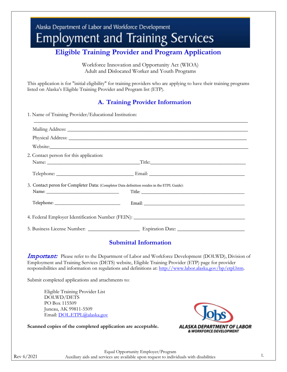 Eligible Training Provider and Program Application - Alaska, Page 1