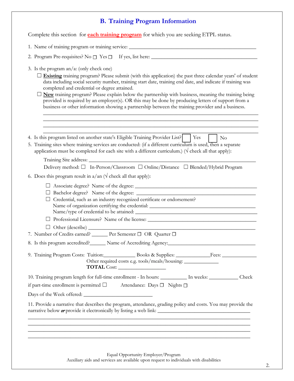 Eligible Training Provider and Program Application - Alaska, Page 2