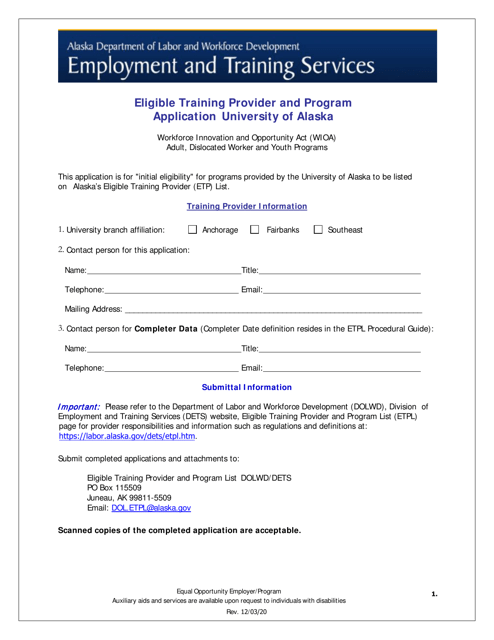 Eligible Training Provider and Program Application - University of Alaska - Alaska Download Pdf
