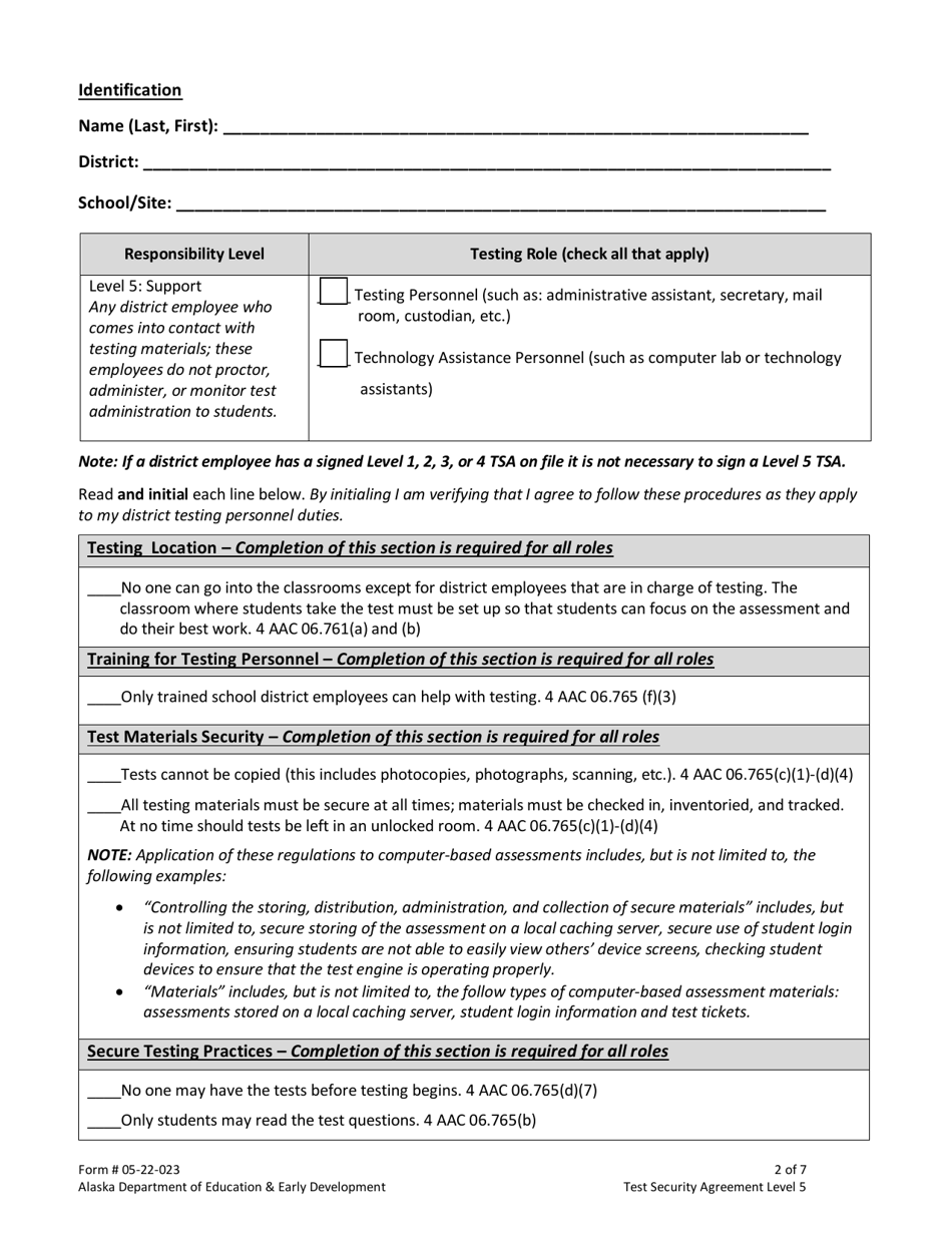 Form 05-22-023 Test Security Agreement Level 5 - Alaska, Page 2