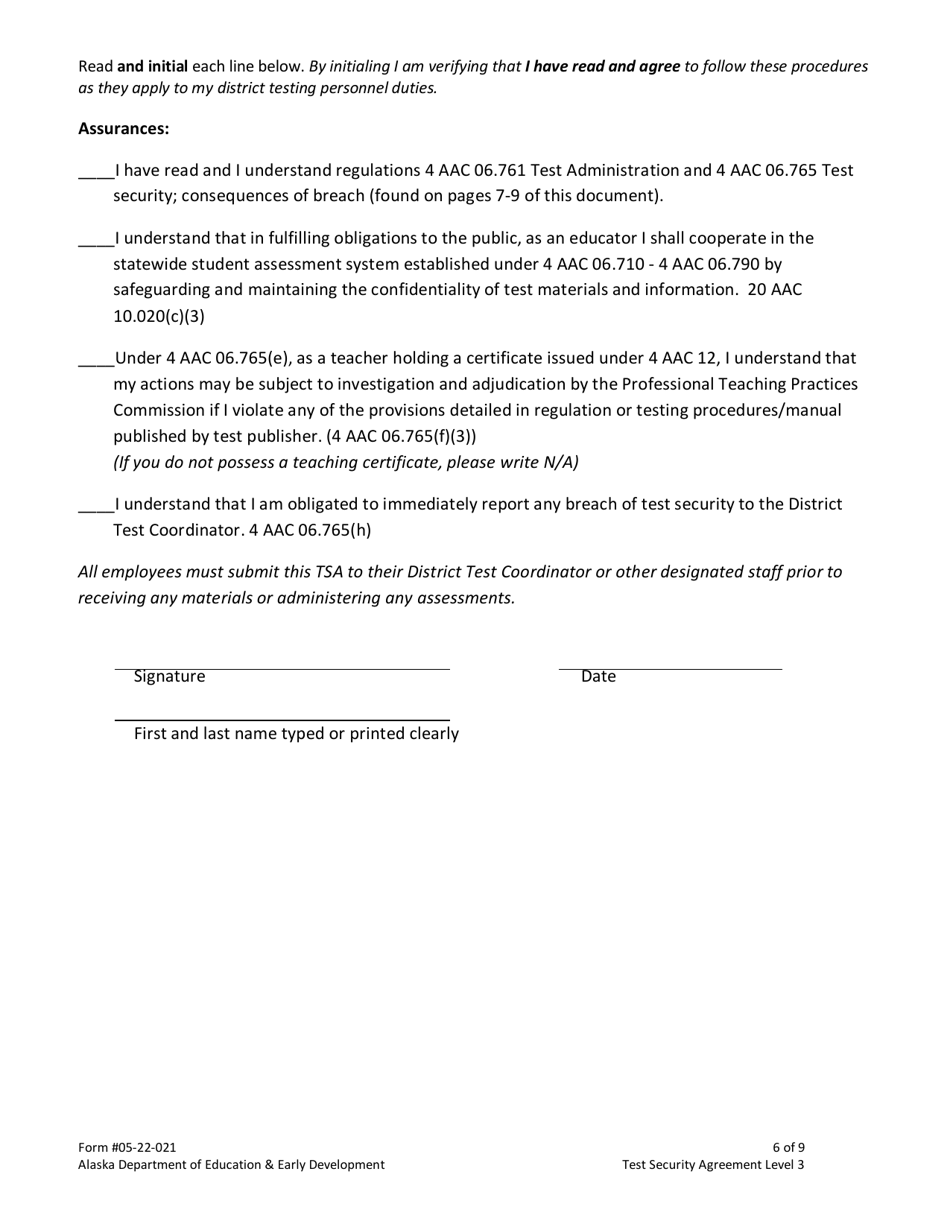 Form 05-22-021 Test Security Agreement Level 1-3 - Alaska, Page 6