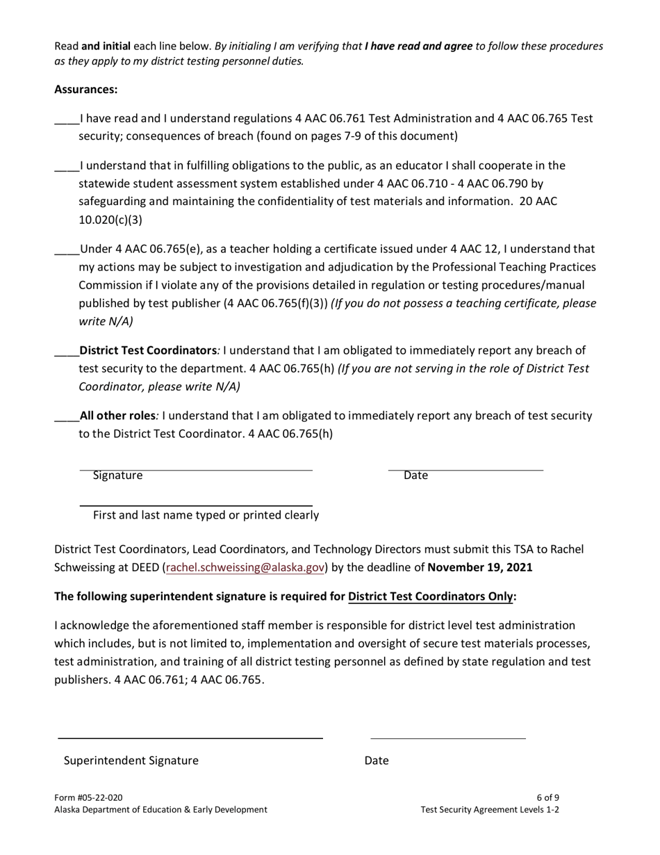 Form 05-22-020 Test Security Agreement Levels 1  2 - Alaska, Page 6