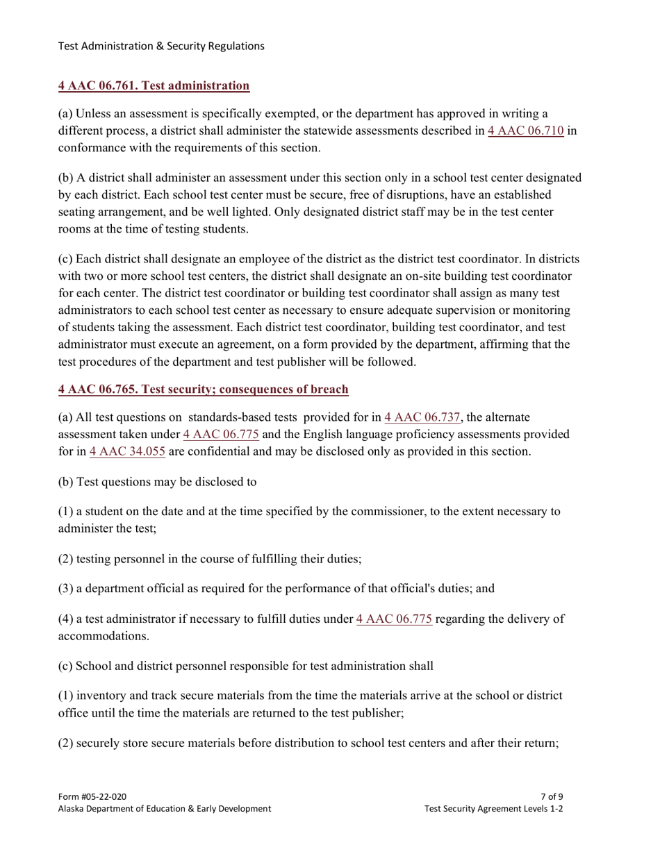 Form 05-22-020 Test Security Agreement Levels 1  2 - Alaska, Page 7