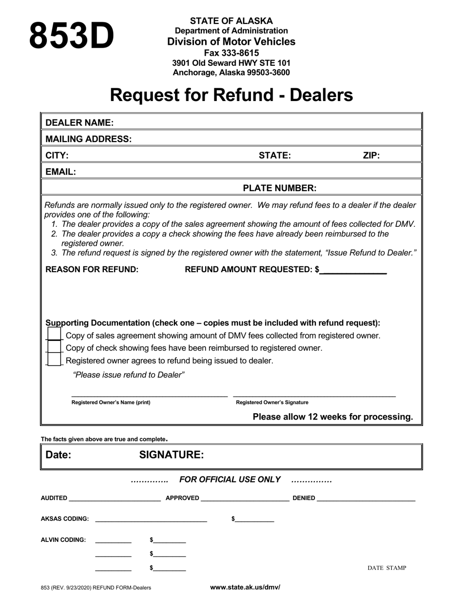 Form 853D Request for Refund - Dealers - Alaska, Page 1