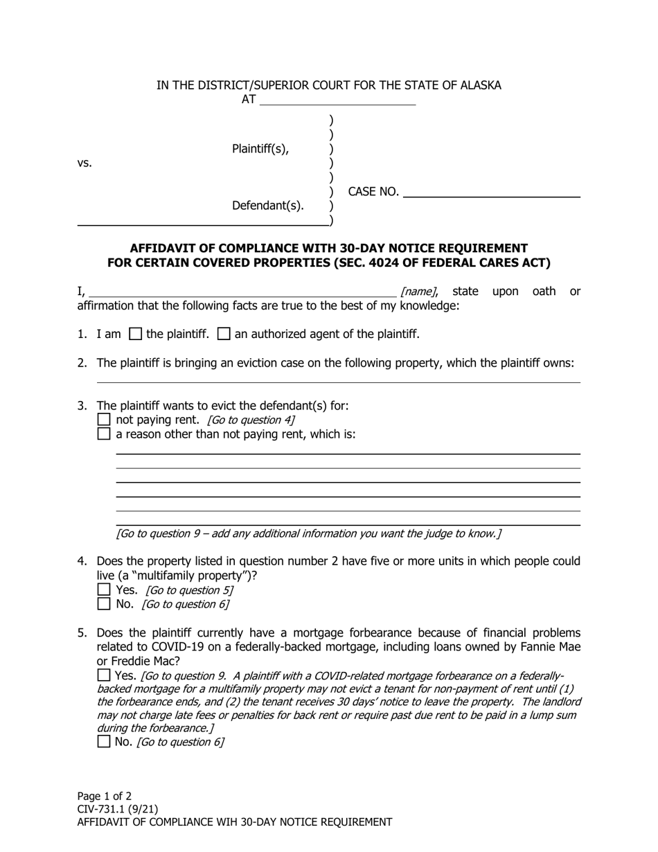 Form CIV-731.1 Affidavit of Compliance With 30-day Notice Requirement for Certain Covered Properties (SEC. 4024 of Federal CARES Act) - Alaska, Page 1