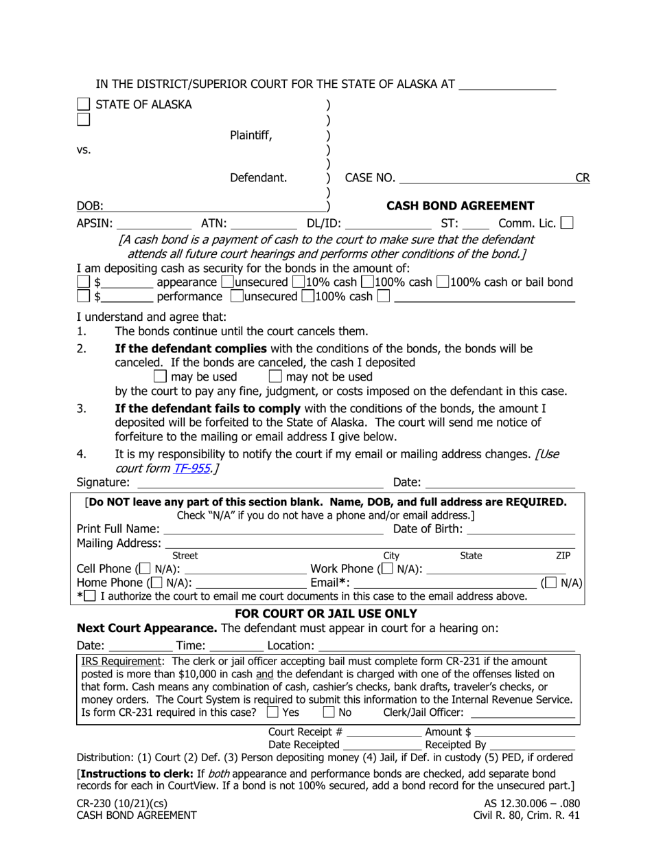 Form CR-230 Cash Bond Agreement - Alaska, Page 1