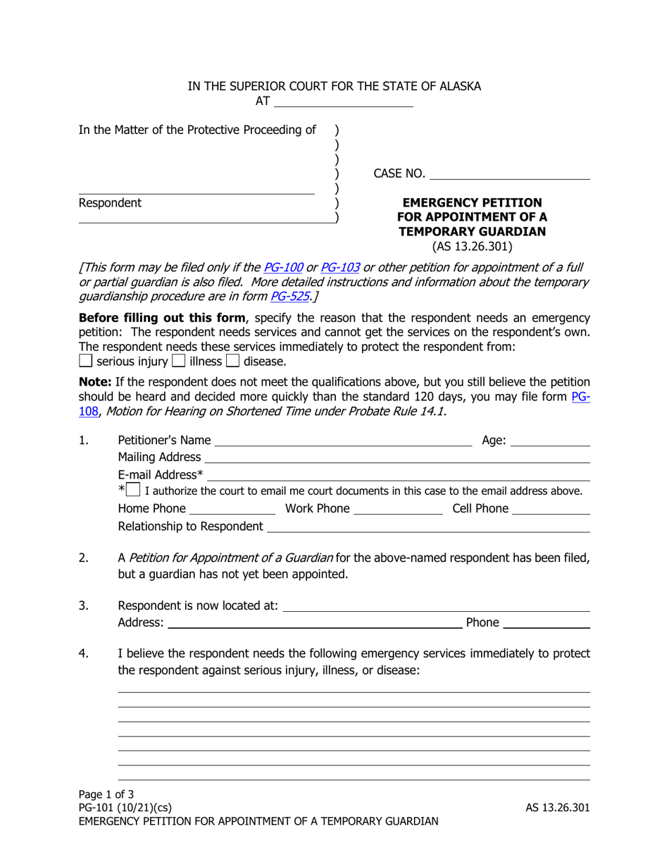 Form PG-101 Emergency Petition for Appointment of a Temporary Guardian - Alaska, Page 1