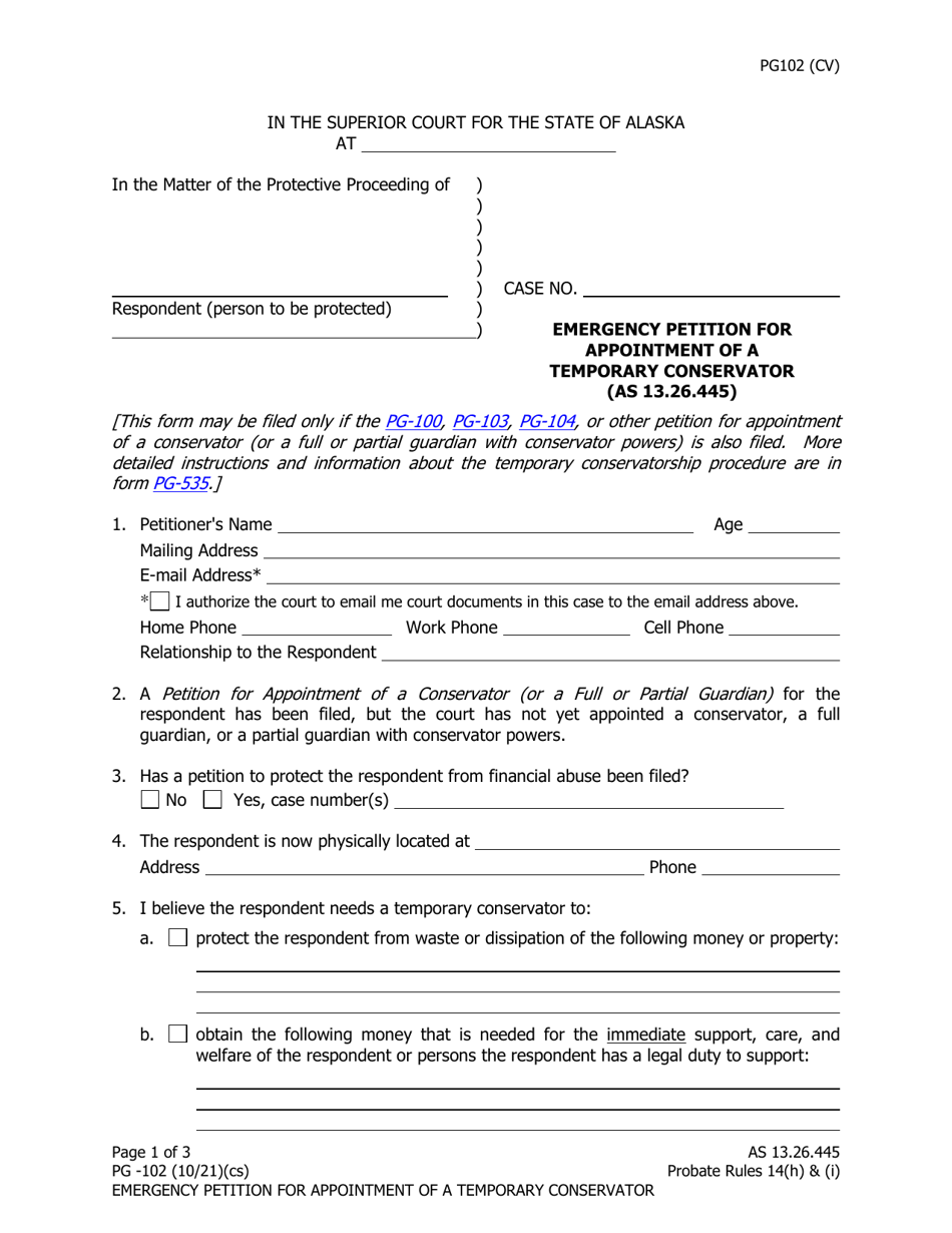 Form PG-102 Emergency Petition for Appointment of a Temporary Conservator - Alaska, Page 1