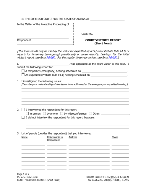Form PG-275 Court Visitor's Report (Short Form) - Alaska