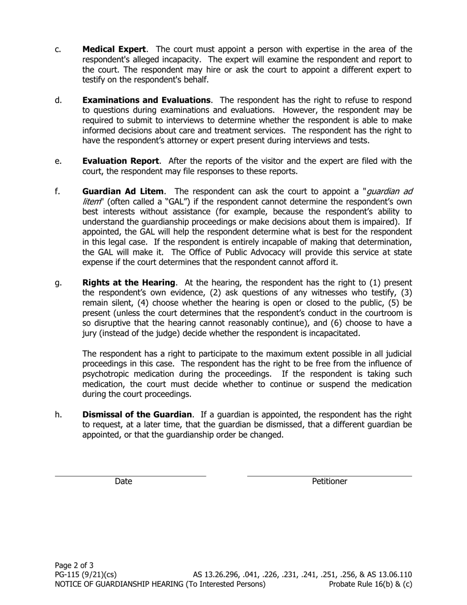 Form PG-115 Notice of Guardianship Hearing (To Interested Persons) - Alaska, Page 2