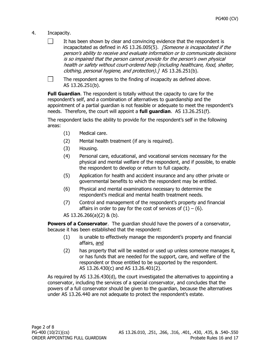 Form PG-400 Order Appointing Full Guardian With Powers of Conservator - Alaska, Page 2