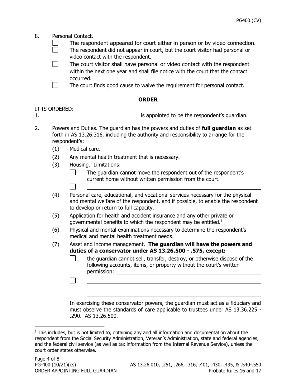 Form PG-400 Order Appointing Full Guardian With Powers of Conservator - Alaska, Page 4