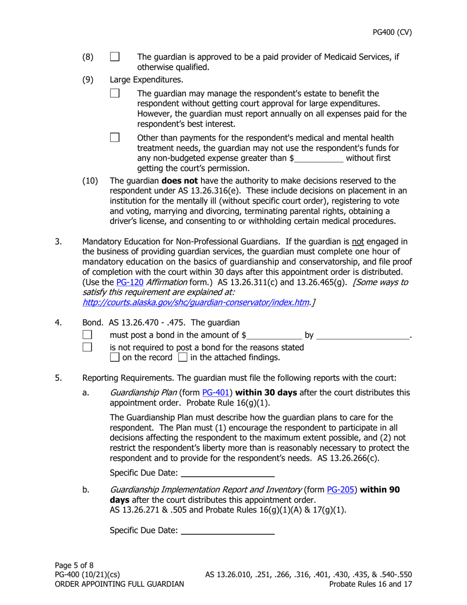 Form PG-400 Order Appointing Full Guardian With Powers of Conservator - Alaska, Page 5