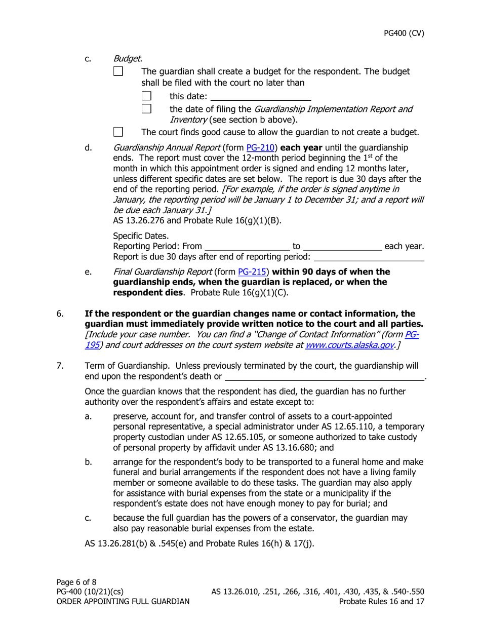 Form PG-400 Order Appointing Full Guardian With Powers of Conservator - Alaska, Page 6