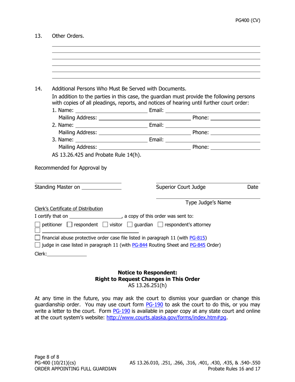Form PG-400 Order Appointing Full Guardian With Powers of Conservator - Alaska, Page 8