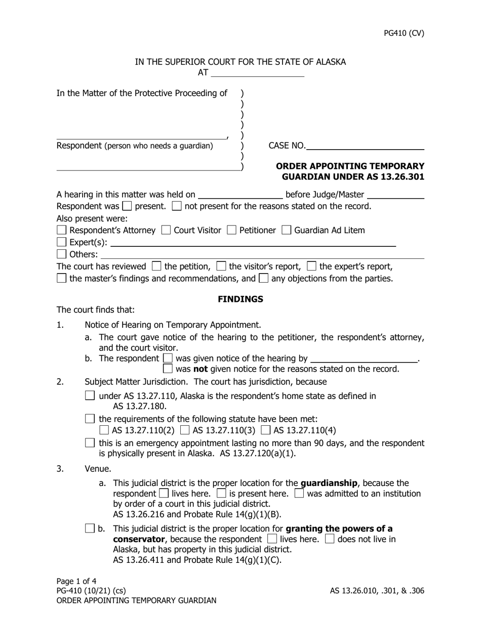 Form PG-410 Order Appointing Temporary Guardian Under as 13.26.301 - Alaska, Page 1
