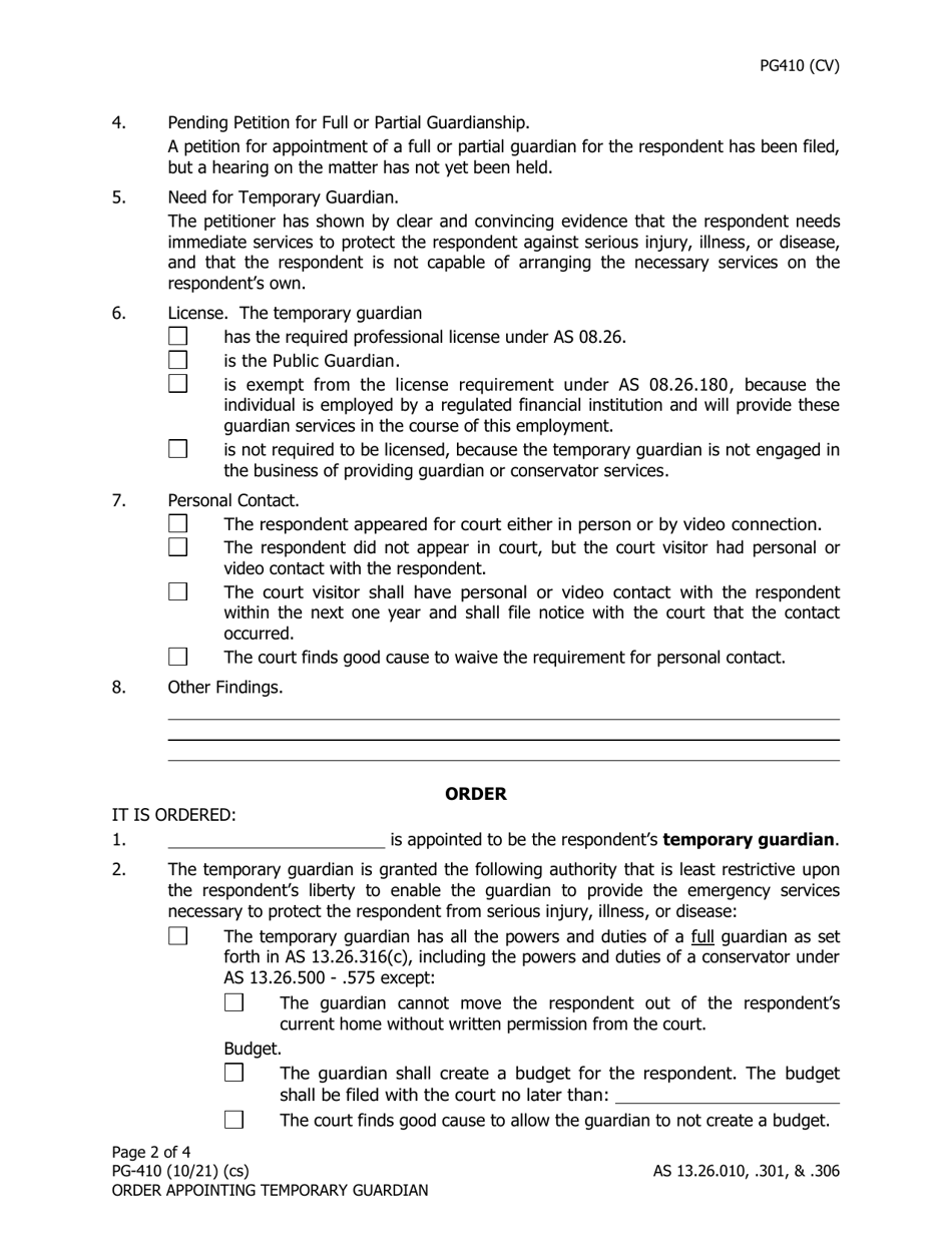 Form PG-410 Order Appointing Temporary Guardian Under as 13.26.301 - Alaska, Page 2