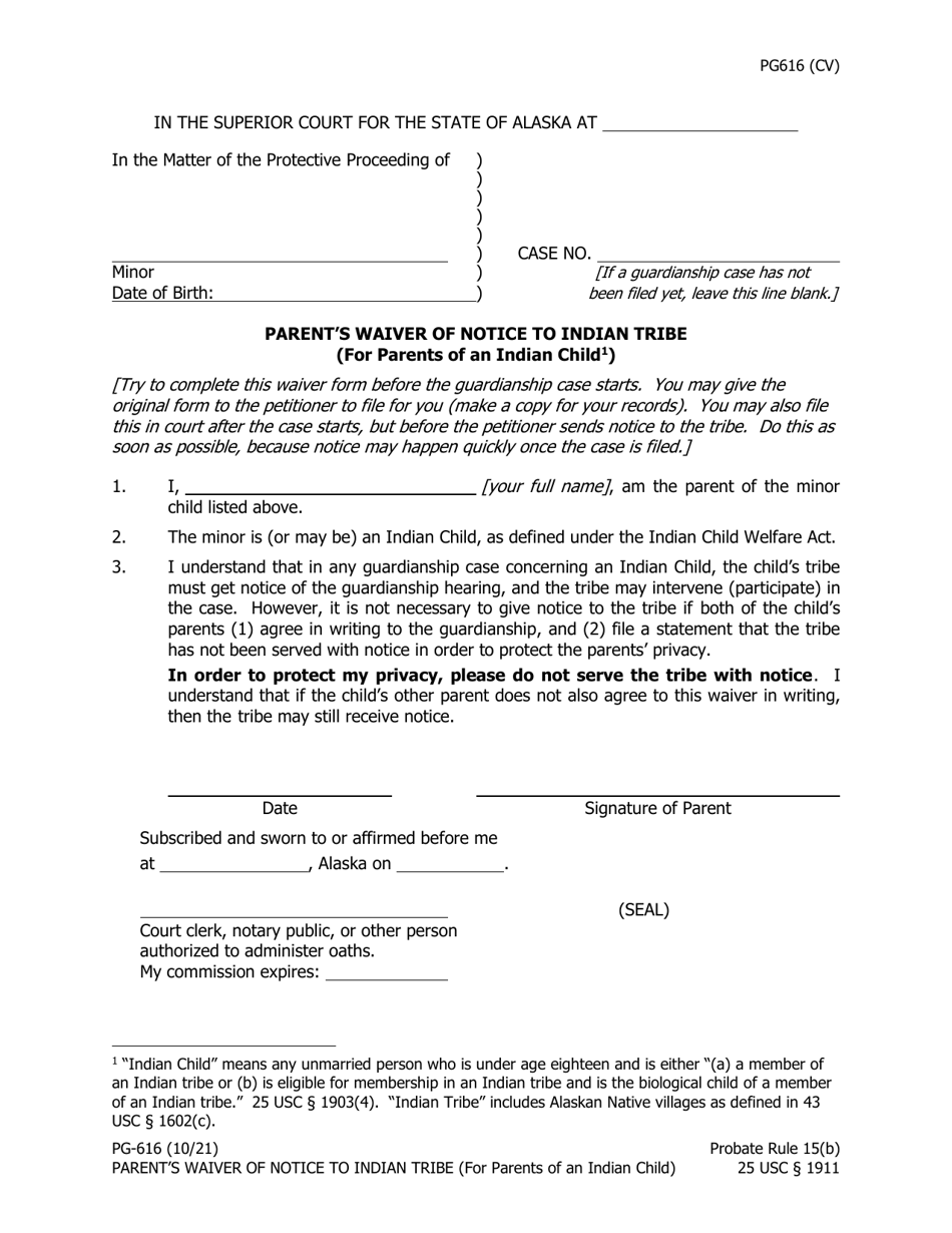 Form PG-616 Parents Waiver of Notice to Indian Tribe (For Parents of an Indian Child) - Alaska, Page 1